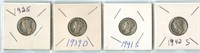 4 Mercury Dimes: 1925, 1939-D, 1941-S & 1942-S