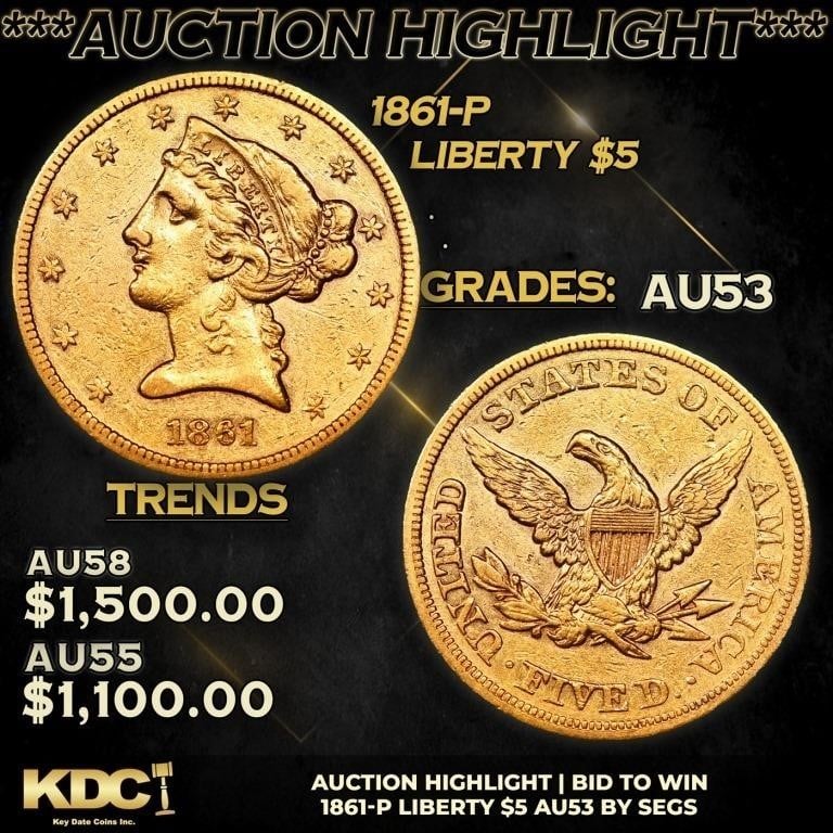***Auction Highlight*** 1861-p Gold Liberty Half E