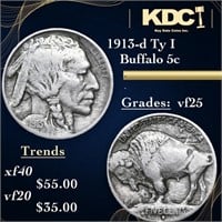 1913-d Ty I Buffalo Nickel 5c Grades vf+