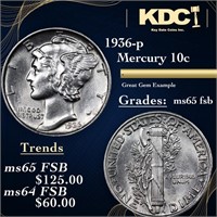 1936-p Mercury Dime 10c Grades GEM FSB
