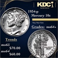 1934-p Mercury Dime 10c Grades Choice+ Unc