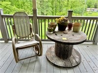 Bentwood Rocker, Spool Table, and Planters