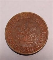 OF) German 1950G 10 penning coin.
