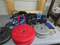 Crate of various exercise equipment, free weights