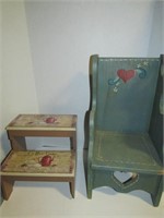 Wood "Coffee Time" Step Stool and Mini Chair