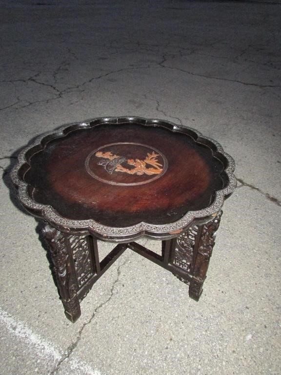 Antique Hand Carved Wooden Collapsible Table