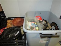 Tote and Crate of Various Kitchen, Baking, Items