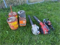 2 LEAF BLOWERS, HEDGE TRIMMER, FUELS CANS