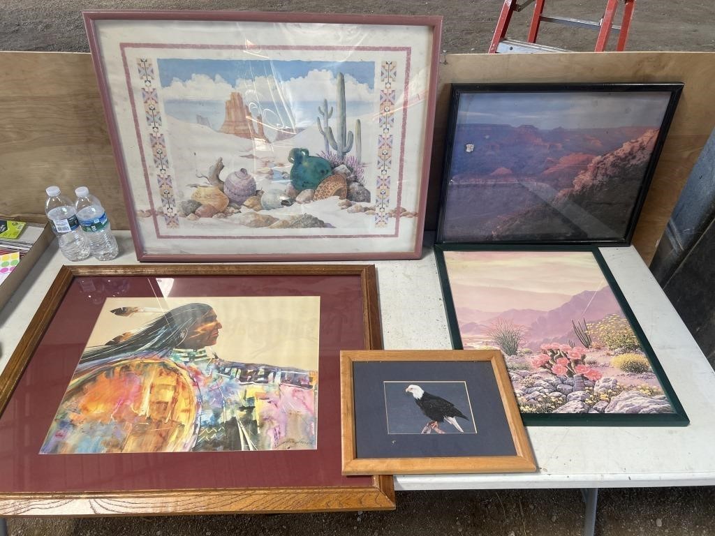 4 nature paintings & 1 large native painting