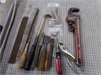 Bag of Misc. tools files, pipe wrench & more