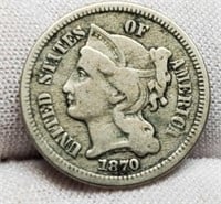 1870 Three Cent, Nickel VF