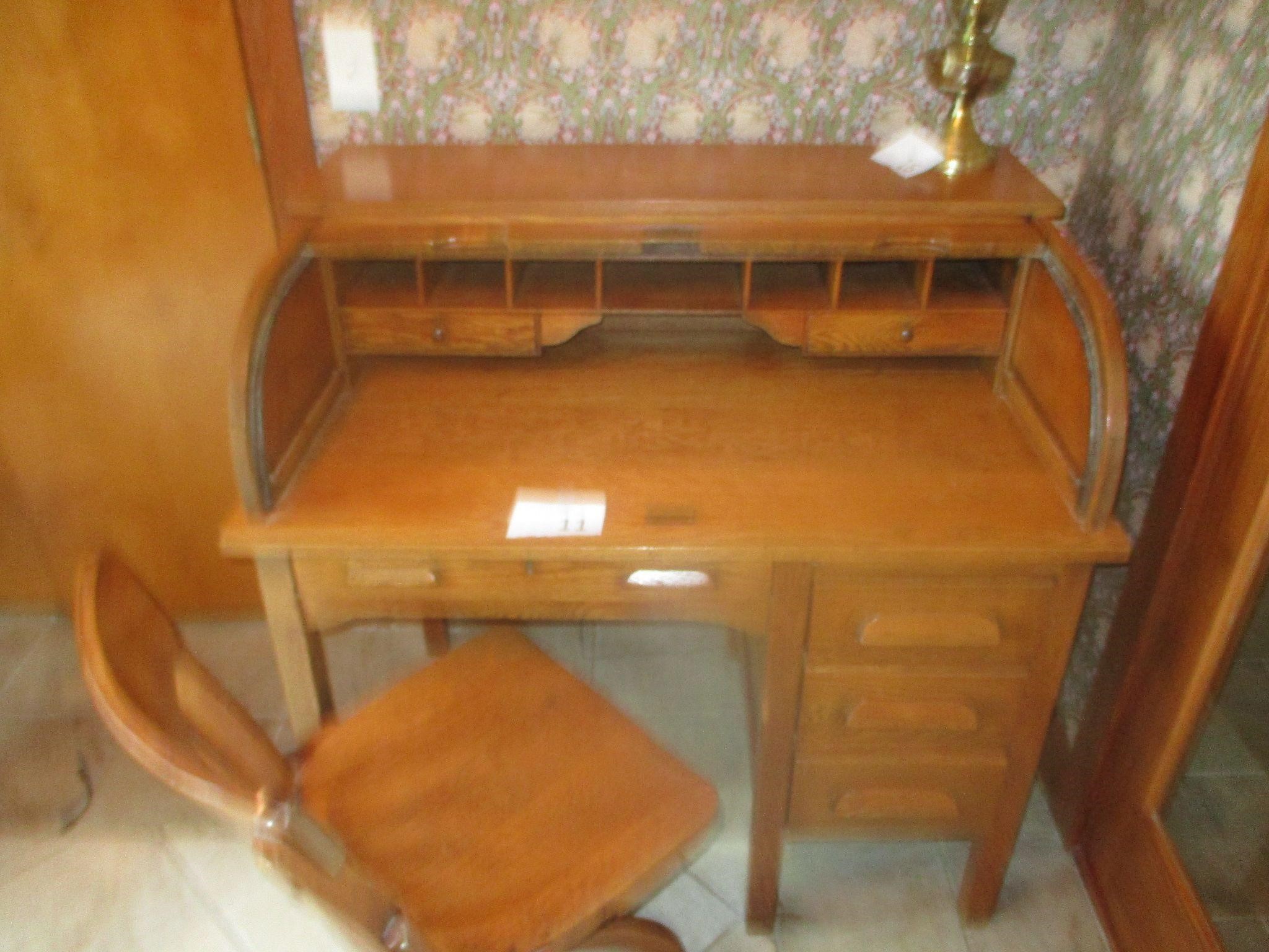 Oak Roll Top Desk and Chair