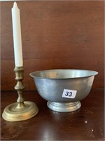 PEWTER BOWL, BRASS CANDLE STICK