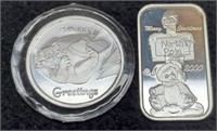 (2) 1 Troy Oz. Silver Christmas Round & Bar