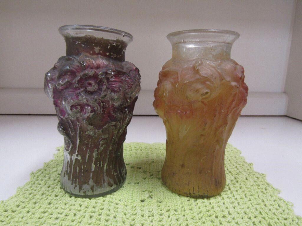Set of 2 Painted Glass Bud Vases 5 1/2"T