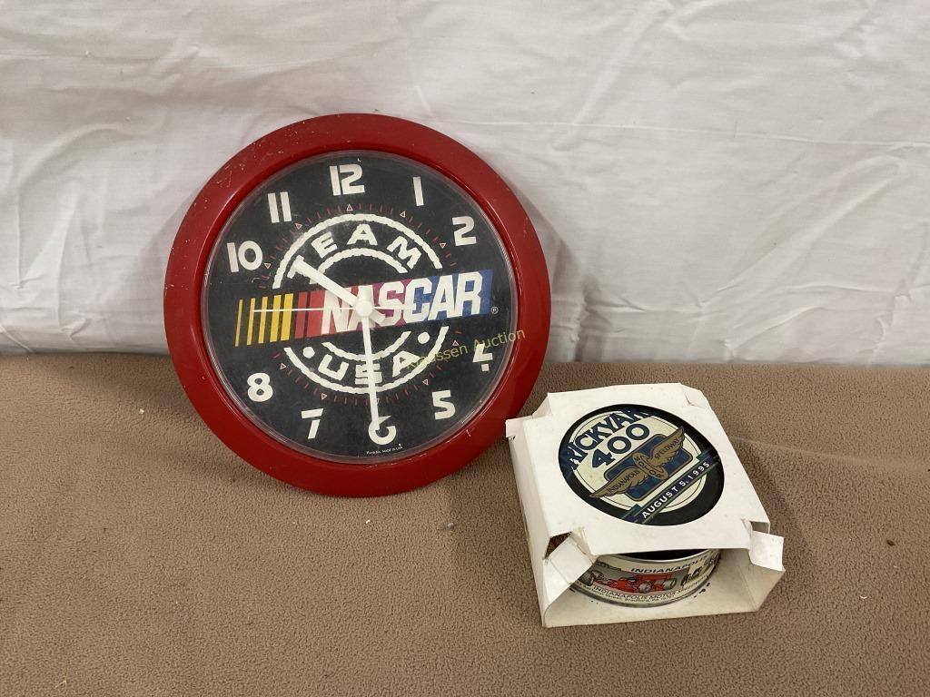 NASCAR clock vintage & brickyard 400 zippo tin