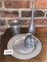 PEWTER PLATE, CUP, VASE