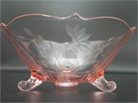 Pink Depression glass dish 3-footed