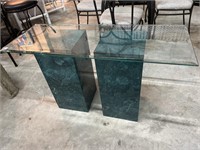 Glass Top Console with Green Marble Look Pillar