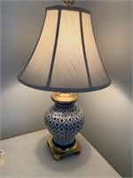 LAMP WITH GOLD BASE, BLUE & WHITE