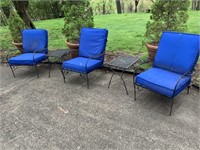 3 WROUGHT IRON OUTDOOR CHAIRS WITH CUSHIONS & 2