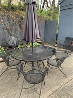 WROUGHT IRON OUTDOOR TABLE WITH UMBRELLA & FOUR