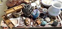 2 TRAYS POTTERY, SCULPTURES, MORE