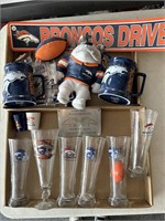 Denver Broncos Plastic Sign 24”, Glass Cups, and