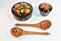 USSR HANDPAINTED WOODEN TRINKET DISHES, SPOONS