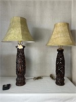 2pc Wood Carved Lamps: Floral, Hindu