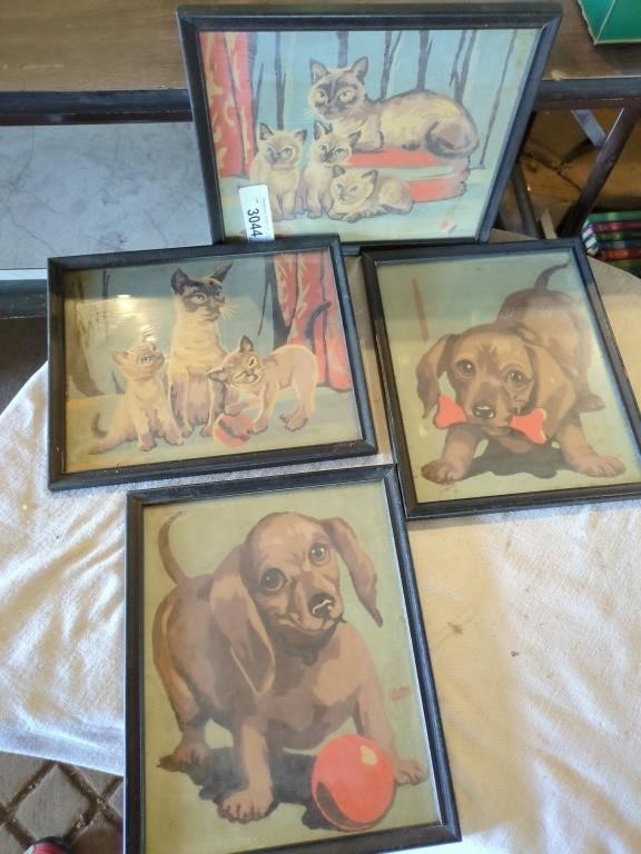 4 Vintage paintings of Dachshund puppy and Cat w/