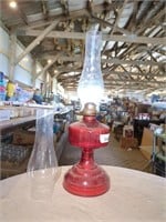 Vintage oil lamp w Cranberry Red glass- comes