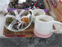 COLL OF PORCELAIN MUGS, GLASS BOWL WITH FRUIT