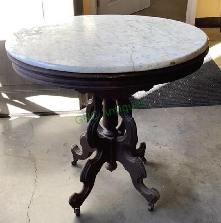Antique oval marble top Kopitiam table on caster
