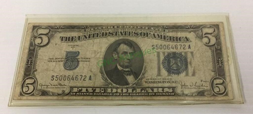 Currency - 1934D5 dollar silver certificate. 1733