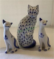 Trio of porcelain cat with blue accents