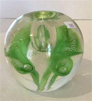 Art glass candle/vase green trumpet flowers