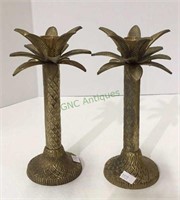 Pair of brass palm tree taper candle sticks