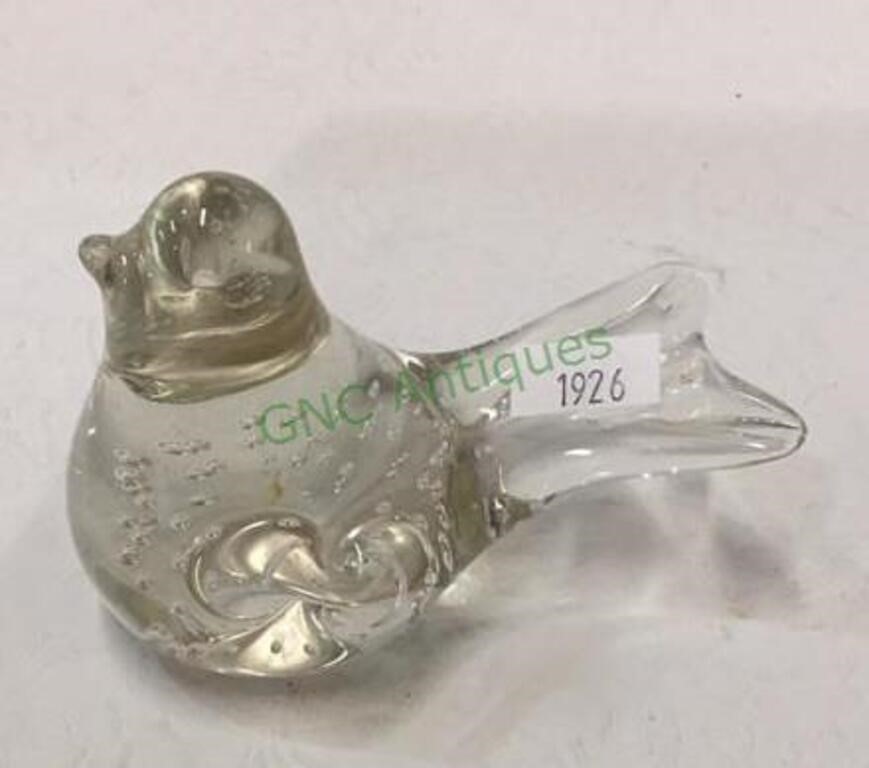 Small clear glass with bubbles bird paperweight