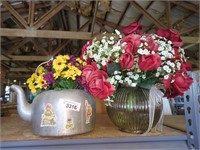 2 floral arrangements in vintage teapot and glass