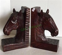 Large carved wooden horse head bookends measuring