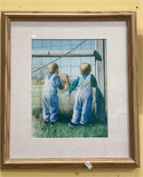 Beautiful print of twin boys in overalls looking