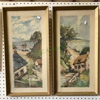 Two complementary watercolor prints of a seaside