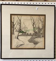 Matted and framed under glass etching of a river