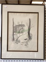 Framed and matted etching of a log floating down