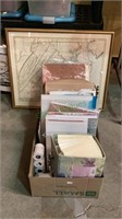 Great box of stationary items and and a framed