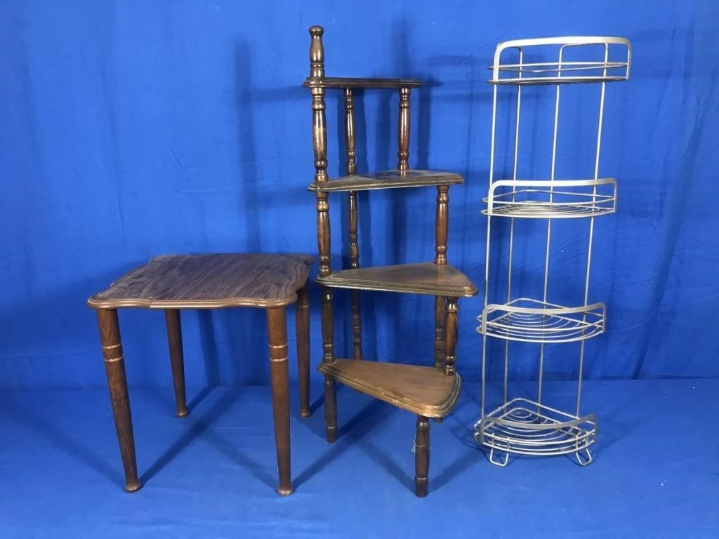 2 WOODEN, 2 METAL PLANT STANDS