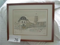 Lithograph by DAMIN--Ski town in France