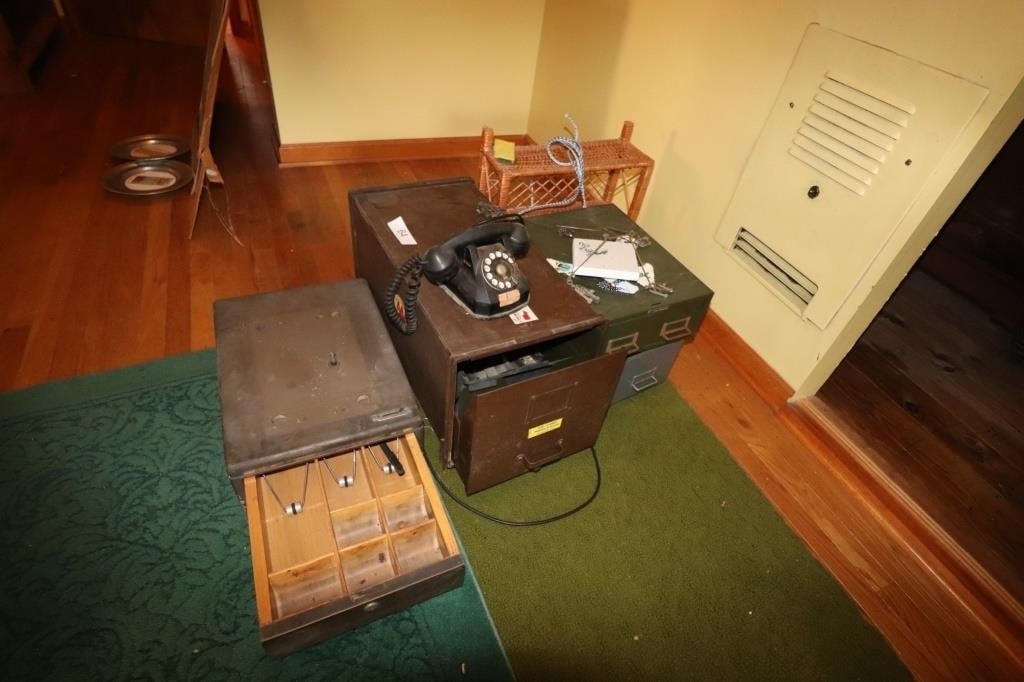 Cash Drawer, File Cabinets, Antique Phone