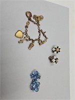 Gold tone Charm Bracelet & 2 Pair VTG Earrings